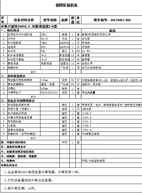 保鲜冷库报价单