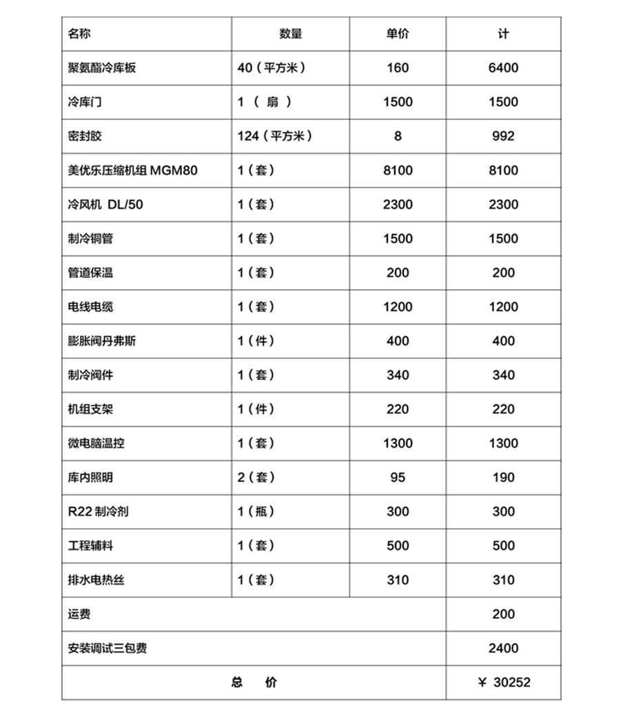 冷库造价表